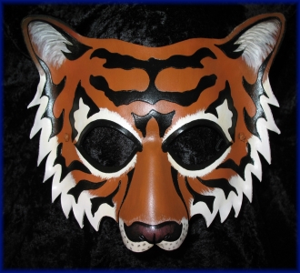 Orange Tiger Leather Mask, a realistic orange tiger mask with muzzle, made of one piece of leather.