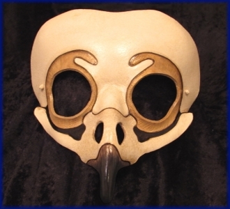 Owl Skull Leather Mask, one piece of leather, formed into an owl skull, with realistic bone details.