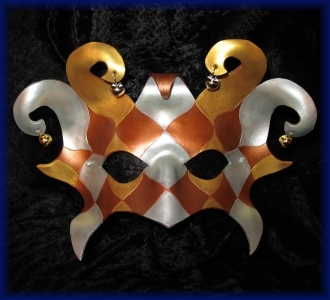 Metallic Dark Jester Leather Mask, a large swirled jester, made of one piece of leather, with four bells.